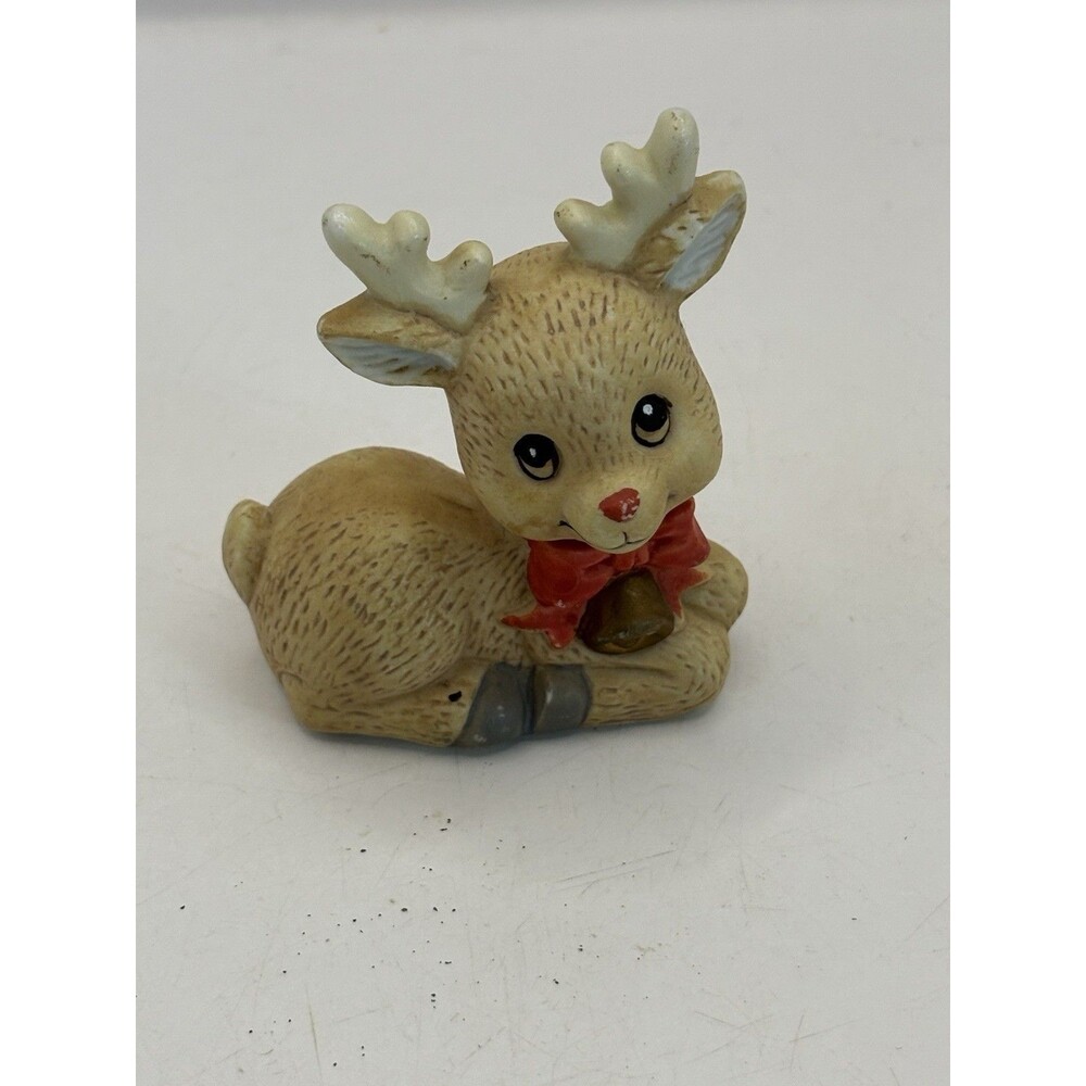 Flambro  VTG Laying Down Deer Figurine Red Nose Green Bow Tie Gold Bell Bisque